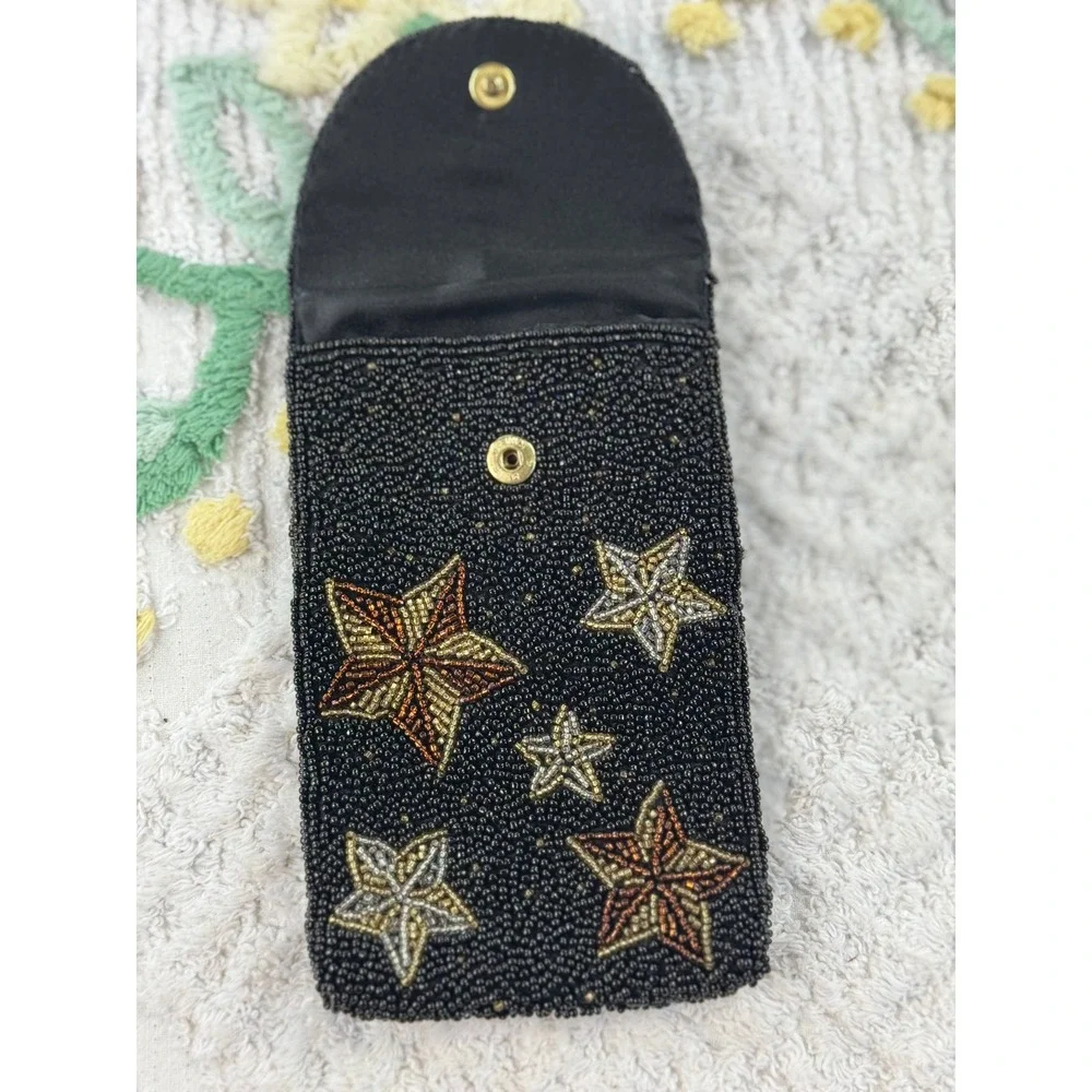 Neiman Marcus Vintage Beaded Star Pouch Black Gold Silver Celestial Phone Case